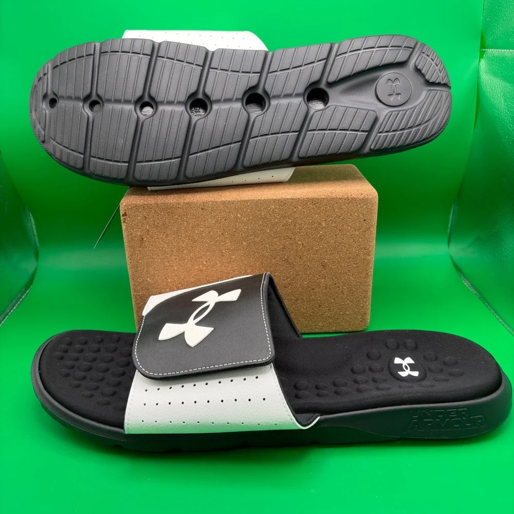 Under Armour Ignite Pro SL Sandals Mens 18 Black/White UA Adjustable Slides NWT